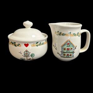 Thomson Pottery Birdhouse Sugar Bowl/Lid & Creamer Set Pitcher VTG Heart Retired